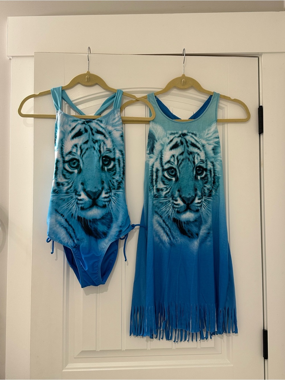 Justice Girls Swim Set / Bundle | Blue Tiger Face One Piece Swimsuit & Coverup